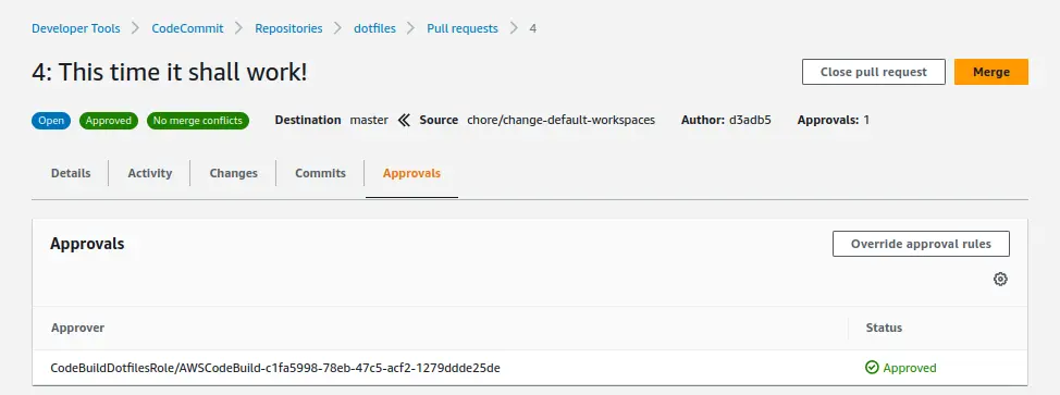 Approval from CodeBuild on a pull request.